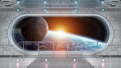 Naklejka premium White tech spaceship round window interior background 3D rendering