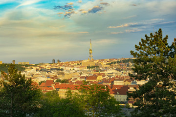 Prague at sunset overlooking the television tower