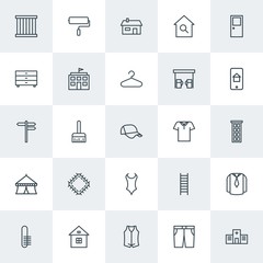 Modern Simple Set of clothes, buildings, housekeeping Vector outline Icons. Contains such Icons as  equipment,  paintbrush,  wear, house and more on white background. Fully Editable. Pixel Perfect.