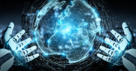 White humanoid hand using globe network hologram with Europe map 3D rendering