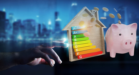 Businessman saving money with good energy chart rating 3D rendering