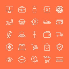 Modern Simple Set of clothes, money, shopping Vector outline Icons. Contains such Icons as  money, hat, money,  currency, handle, bag and more on orange background. Fully Editable. Pixel Perfect.