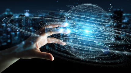 Businesswoman using digital sphere connection hologram 3D rendering