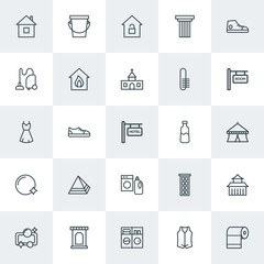 Modern Simple Set of clothes, buildings, housekeeping Vector outline Icons. Contains such Icons as  sport,  foam,  city, paper,  water and more on white background. Fully Editable. Pixel Perfect.