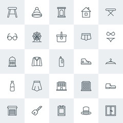 Modern Simple Set of clothes, buildings, housekeeping Vector outline Icons. Contains such Icons as  footwear,  lock, chair,  apartment, hat and more on white background. Fully Editable. Pixel Perfect.