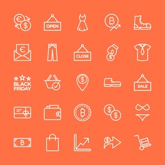 Modern Simple Set of clothes, money, shopping Vector outline Icons. Contains such Icons as  bag,  banner,  bikini,  finance, business and more on orange background. Fully Editable. Pixel Perfect.