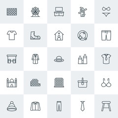 Modern Simple Set of clothes, buildings, housekeeping Vector outline Icons. Contains such Icons as  cold,  trousers, mill,  park,  dirty and more on white background. Fully Editable. Pixel Perfect.