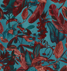 Seamless vintage, craft pattern with tropical flowers, magnolia, orange flower, vanilla orchid, tropical leaves, banana leaves
