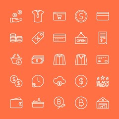 Modern Simple Set of clothes, money, shopping Vector outline Icons. Contains such Icons as card, currency,  growth,  storehouse,  usd and more on orange background. Fully Editable. Pixel Perfect.