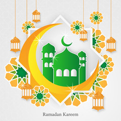 ramadhan kareem greeting card template with lantern and mosque
