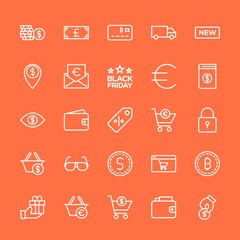 Modern Simple Set of clothes, money, shopping Vector outline Icons. Contains such Icons as  transport,  web,  euro,  store,  money,  cart and more on orange background. Fully Editable. Pixel Perfect.