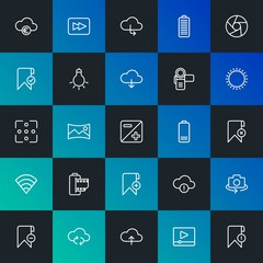 Modern Simple Set of cloud and networking, mobile, video, photos, bookmarks Vector outline Icons. Contains such Icons as  and more on dark and gradient background. Fully Editable. Pixel Perfect.