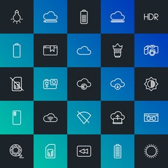 Modern Simple Set of cloud and networking, mobile, video, photos, bookmarks Vector outline Icons. Contains such Icons as  and more on dark and gradient background. Fully Editable. Pixel Perfect.
