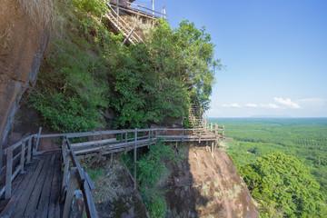Beautiful scenery of  wooden pathway along the cliff with blue sky and wild in the background, Phu Thok, Bueng Kan, Thailand