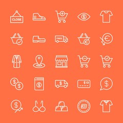 Modern Simple Set of clothes, money, shopping Vector outline Icons. Contains such Icons as  cash,  coin,  location,  usd,  pay,  polo, map and more on orange background. Fully Editable. Pixel Perfect.