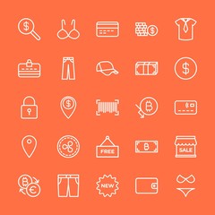 Modern Simple Set of clothes, money, shopping Vector outline Icons. Contains such Icons as  credit,  bikini,  female,  cash,  label,  shop and more on orange background. Fully Editable. Pixel Perfect.