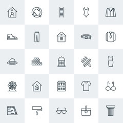 Modern Simple Set of clothes, buildings, housekeeping Vector outline Icons. Contains such Icons as bra,  shirt, pillar,  concrete,  empty and more on white background. Fully Editable. Pixel Perfect.