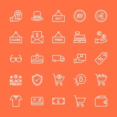 Modern Simple Set of clothes, money, shopping Vector outline Icons. Contains such Icons as  business,  currency, wealth,  wallet,  shirt and more on orange background. Fully Editable. Pixel Perfect.
