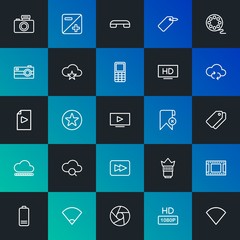 Modern Simple Set of cloud and networking, mobile, video, photos, bookmarks Vector outline Icons. Contains such Icons as  and more on dark and gradient background. Fully Editable. Pixel Perfect.