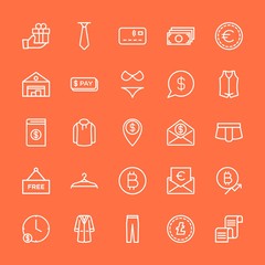 Modern Simple Set of clothes, money, shopping Vector outline Icons. Contains such Icons as credit,  background,  bitcoin, currency, money and more on orange background. Fully Editable. Pixel Perfect.