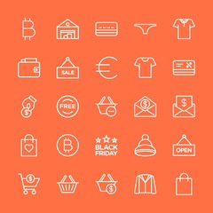 Modern Simple Set of clothes, money, shopping Vector outline Icons. Contains such Icons as  free,  accessory,  shirt,  business,  shop and more on orange background. Fully Editable. Pixel Perfect.