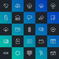 Modern Simple Set of cloud and networking, mobile, video, photos, bookmarks Vector outline Icons. Contains such Icons as  and more on dark and gradient background. Fully Editable. Pixel Perfect.