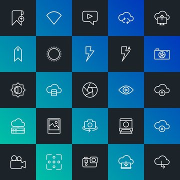 Modern Simple Set of cloud and networking, mobile, video, photos, bookmarks Vector outline Icons. Contains such Icons as  and more on dark and gradient background. Fully Editable. Pixel Perfect.