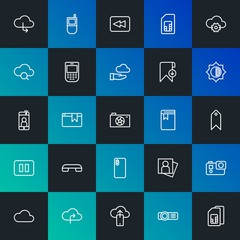 Modern Simple Set of cloud and networking, mobile, video, photos, bookmarks Vector outline Icons. Contains such Icons as  and more on dark and gradient background. Fully Editable. Pixel Perfect.