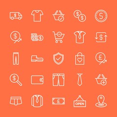 Modern Simple Set of clothes, money, shopping Vector outline Icons. Contains such Icons as tie,  american,  label,  fashion,  business and more on orange background. Fully Editable. Pixel Perfect.