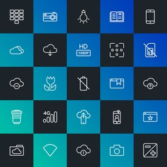 Modern Simple Set of cloud and networking, mobile, video, photos, bookmarks Vector outline Icons. Contains such Icons as  and more on dark and gradient background. Fully Editable. Pixel Perfect.