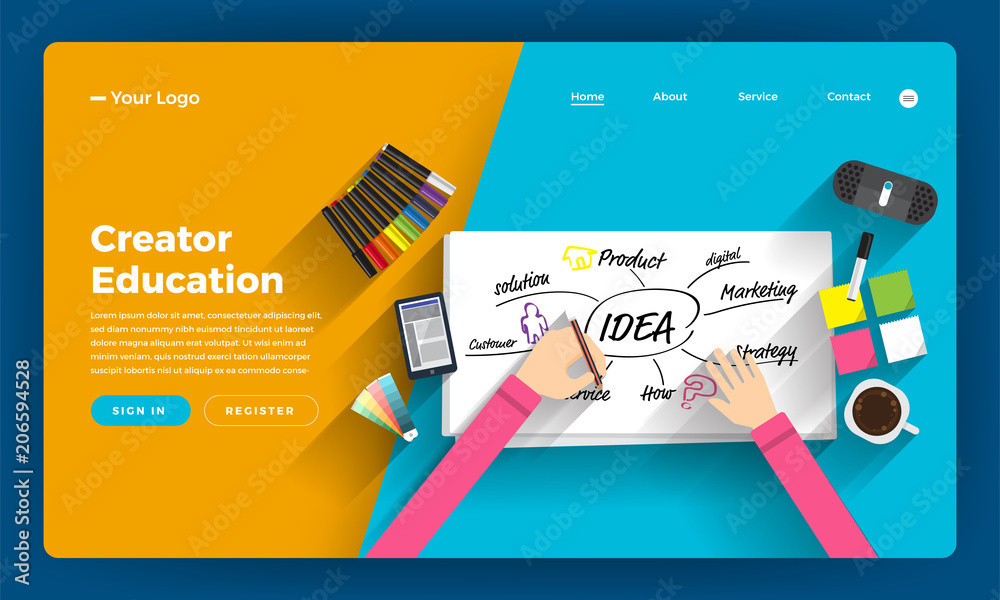 Wall mural mock-up design website flat design concept online course about thining and creative writer. vector i