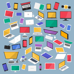 Vector set flat design concept computer, desktop, tablet, laptop, smartphone, smartwatch and device. isometric and front view object. Vector illustrations.