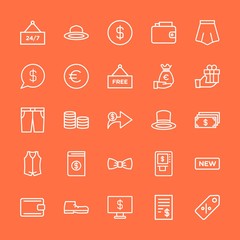 Modern Simple Set of clothes, money, shopping Vector outline Icons. Contains such Icons as  bill,  payment,  tag,  full,  machine, wealth and more on orange background. Fully Editable. Pixel Perfect.