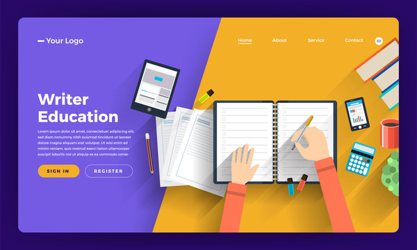 Mock-up design website flat design concept online course about thining and creative writer. Vector illustration.