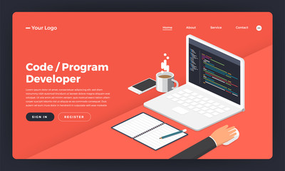 Mock-up design website flat design concept coding and programming developer.  Vector illustration.