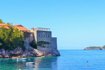 Saint Stephen's Island, Montenegro 14 september 2017: Sveti Stefan (St. Stefan) island in Adriatic sea, Montenegro - obrazy, fototapety, plakaty