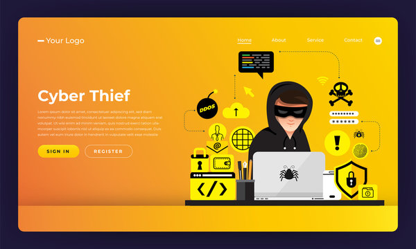 Mock-up Design Website Flat Design Concept Hacker Activity Cybercrime And Cyber Thief.  Vector Illustration.