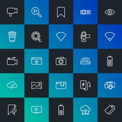 Modern Simple Set of cloud and networking, mobile, video, photos, bookmarks Vector outline Icons. Contains such Icons as  and more on dark and gradient background. Fully Editable. Pixel Perfect.