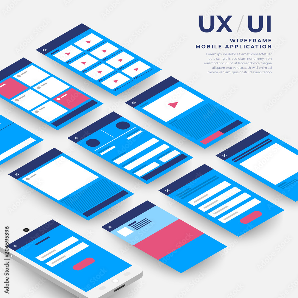 Wall mural ux ui flowchart. mock-ups mobile application concept isometric flat design. vector illustration.