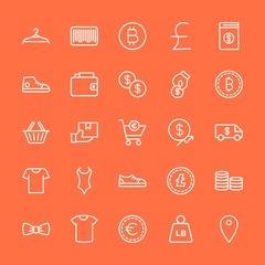 Modern Simple Set of clothes, money, shopping Vector outline Icons. Contains such Icons as  location,  delivery,  coin,  finance, hanger and more on orange background. Fully Editable. Pixel Perfect.