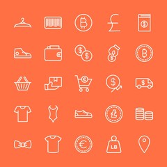 Modern Simple Set of clothes, money, shopping Vector outline Icons. Contains such Icons as  location,  delivery,  coin,  finance, hanger and more on orange background. Fully Editable. Pixel Perfect.