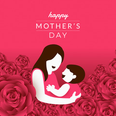 Happy mother's day layout design with roses, lettering, paper cut and texture background. Vector illustration.
