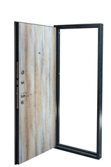 Open wooden door isolated at white background. Image of a open door. Entrance to apartment. Wood veneer front door for office, with lock and handle. Modern Door design.