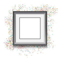 Frame on white background with colorfull confetti. Vector illust