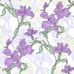 Seamless pattern with violet iris flower