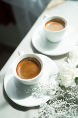 espresso coffee and flower in morning