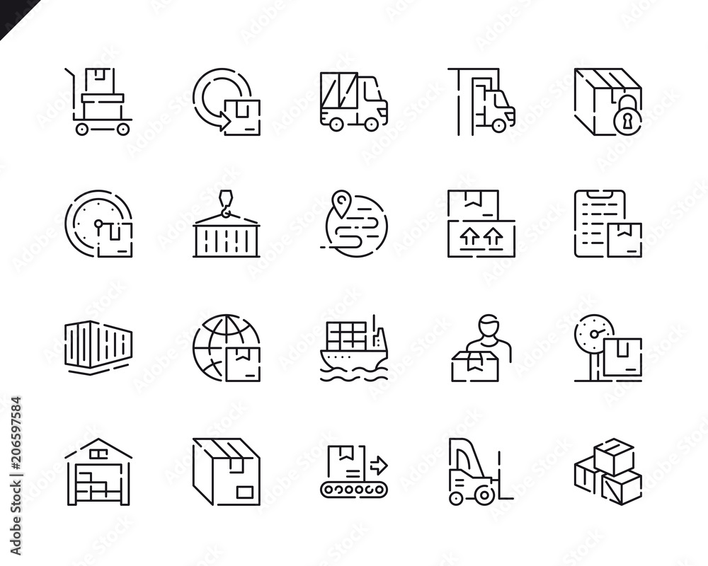 Poster simple set package delivery line icons for website and mobile apps.