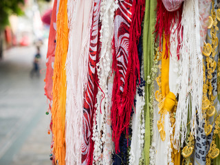 Colorful scarves in street bazaars around anatolian cities in Turkey.