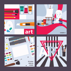 Vector concept square cards about drawing, art and painting. Bright design for invitation, advertising and artist supplies shops.