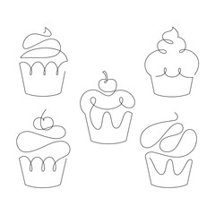 Set of cupcakes in trendy one line style. Vector.